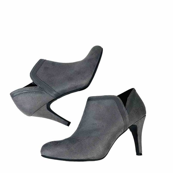 DexFlex Comfort Ankle Bootie Sz 9 Shoes High Heels Gray Suede Pumps Side Zip - Picture 7 of 16